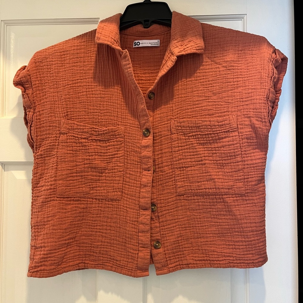 SO button front shirt. Like gauze look. Orange color. Size S. White in size XS